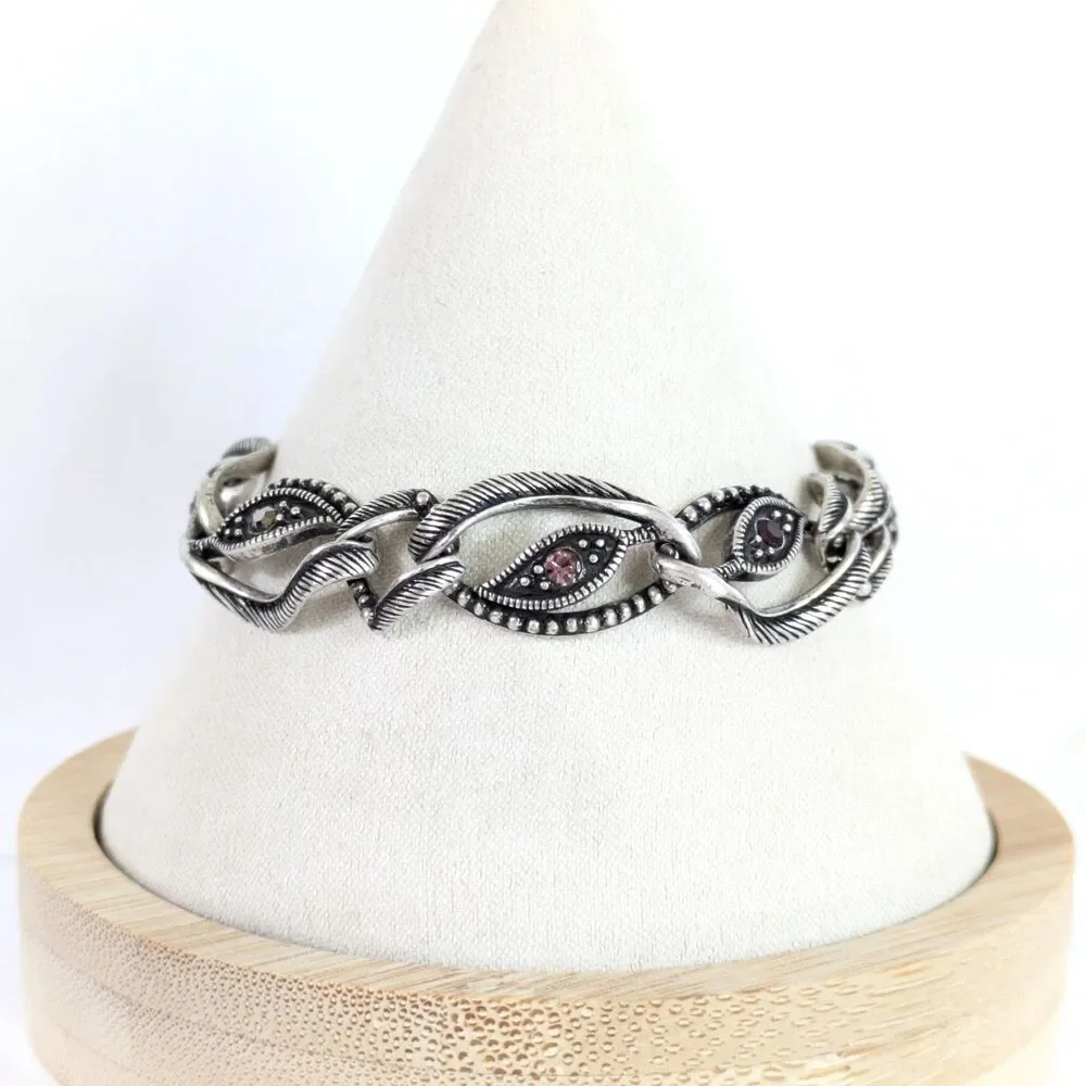 Marquise Eye Shaped Silver Tone Textured Link Bracelet Marcasite Style 6.5
